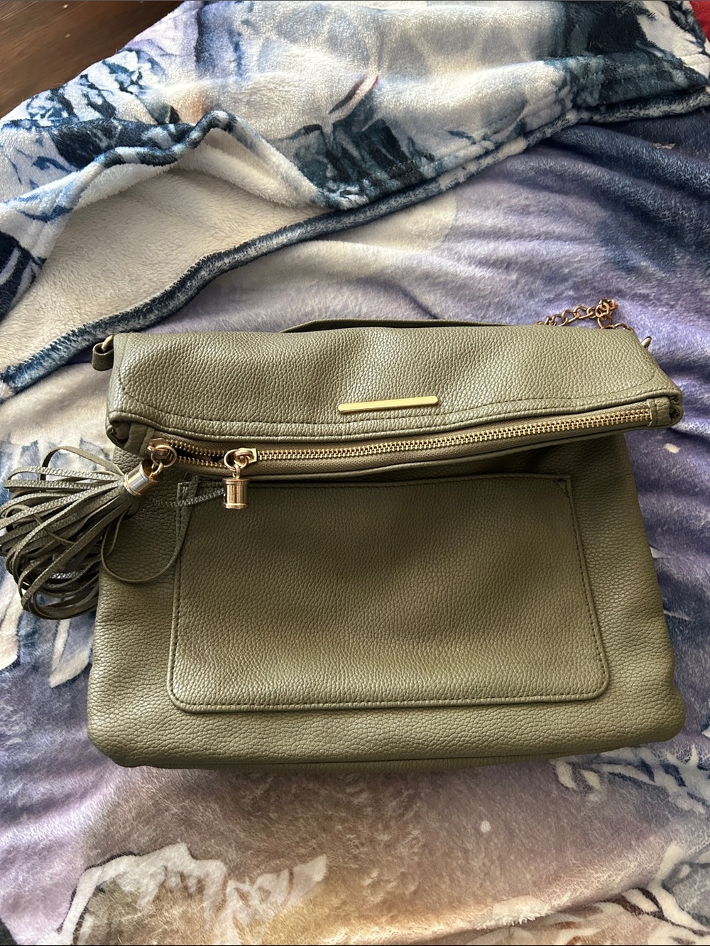 Anthropologie Olive Green Fold-Over Crossbody with Tassel Accent